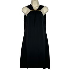 Calvin Klein Black Shift Dress Women 12 Sleeveless Gold Bar Detail NWT Minimalis